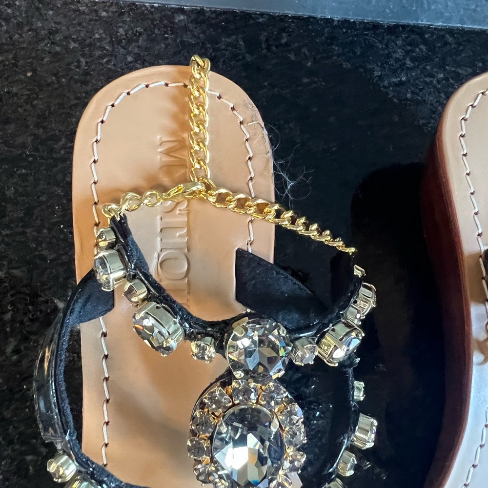 New Mystique Boutique Black and Gold Sandals with Crystal Embellishments - Picture 3 of 7
